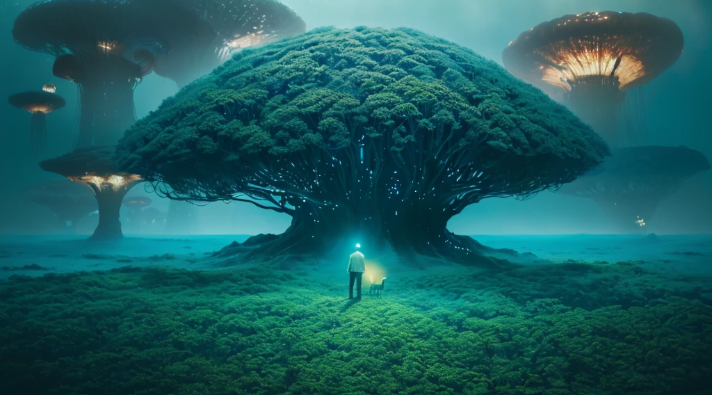 Photorealistic drone photo of a mountain slope covered in dense vegetation with a mist of humidity. In the center of the picture is a man with a faithful dog and a drone explorer. They set foot on a lonely unknown planet, A certain visible and invisible oceans stretched before the eyes of the astronaut, boasting a variety of shades from turquoise to deep blue. Islands, covered with strange and magical trees, shone on the surface of the water, Like little gems. Kodak ektar film, 35mm photography, professional lighting, deep aesthetic, microscopic details, contemporary art, dreamlike surrealism, The scene is epic and mysterious, reminiscent of the X-Files, dreamy, ethereal, ultra-detailed, Strong contrast, Good depth of field, 8K wallpaper, Masterpiece, Aesthetic illustration in realistic style, Dark Clouds almost completely covered the sky, the air is very humid, urgently outside, In the background, huge, incomprehensible but interesting and exciting jellyfish-shaped capsules grow from the ground into the sky, alien structures look like jellyfish in the background,