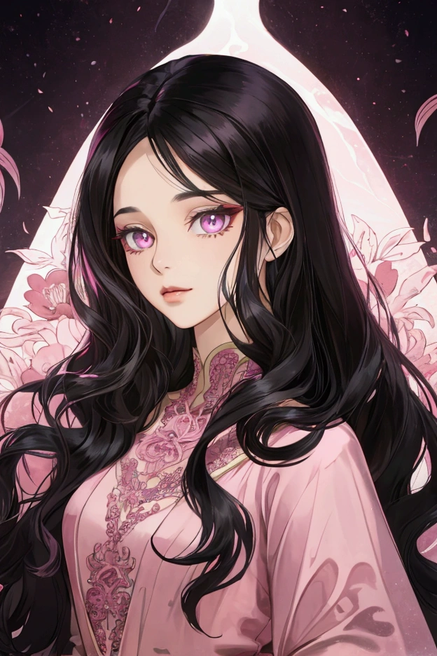 Dark pink Tourmaline eyes, long silky and wavey jet black hair,