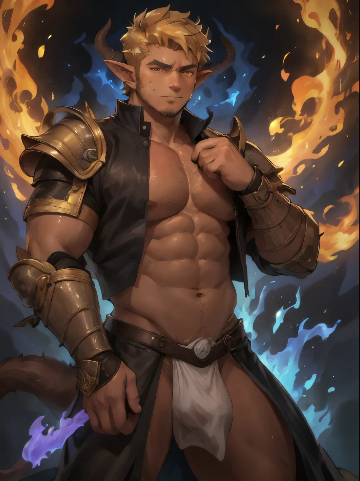 Tiefling man, 35 years, very short haircut, shaved temples, blonde hair, thick stubble, tan skin, stubble on his face golden eyes, he is dressed in leather armor, holds a dagger in his hands, his hand is enveloped in blue flames, pronounces a spell, has demonic horns on his head, has a demonic tail,