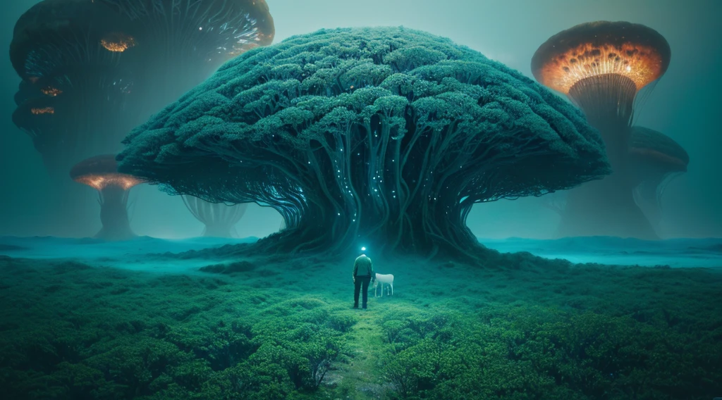 Photorealistic drone photo of a mountain slope covered in dense vegetation with a mist of humidity. In the center of the picture is a man with a faithful dog and a drone explorer. They set foot on a lonely unknown planet, A certain visible and invisible oceans stretched before the eyes of the astronaut, boasting a variety of shades from turquoise to deep blue. Islands, covered with strange and magical trees, shone on the surface of the water, Like little gems. Kodak ektar film, 35mm photography, professional lighting, deep aesthetic, microscopic details, contemporary art, dreamlike surrealism, The scene is epic and mysterious, reminiscent of the X-Files, dreamy, ethereal, ultra-detailed, Strong contrast, Good depth of field, 8K wallpaper, Masterpiece, Aesthetic illustration in realistic style, Dark Clouds almost completely covered the sky, the air is very humid, urgently outside, In the background, huge, incomprehensible but interesting and exciting jellyfish-shaped capsules grow from the ground into the sky, alien structures look like jellyfish in the background,