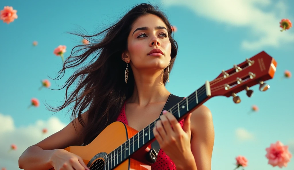((best quality)), ((masterpiece)),(detail), perfect face, full body shot of a young latin woman playing guitar, woman with v-line face and blue eyes, Clear face, clear guitar, latin style, rose pedals flying on the sky, hyper-realistic photos, 8k, ultra high resolution,sharp faces