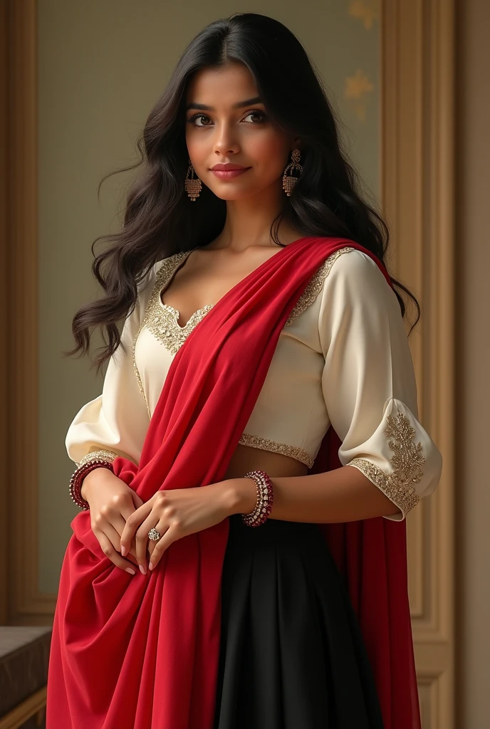Indian girl with white blouse red saree and a black gown 