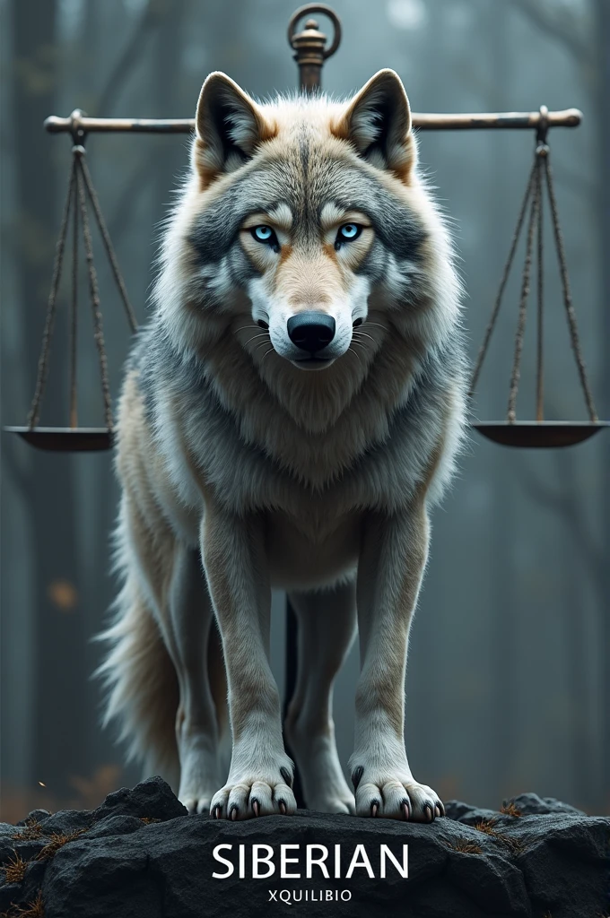 Siberian wolf images with name below SIBERIAN , and a background that has a scale with the name XQUILIBRIO 