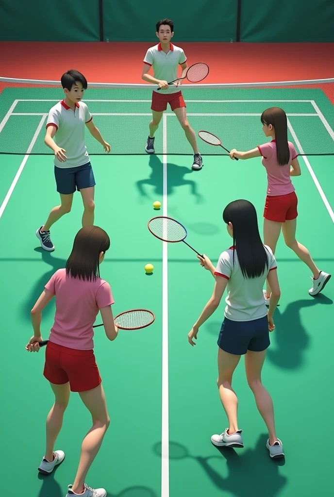 1 woman with short straight hair, another with long straight hair. And 5 men. Everyone on a court playing badminton in cinematic perspective 