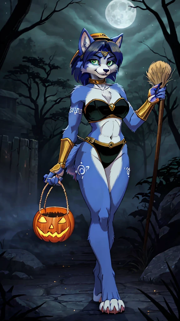 photorealestic, detailed background, spooky forest, foggy night, Full moon illuminates the scene, outside, Halloween-Thema, hanging bats, krystal from starfox, krystal, standing, (elegant and curvy figure), (smooth blue fur), (striking green eyes:1.2), Claw paws, pink paw pads, long pointed ears, (Sharp fangs:1.1), frightening yet seductive aura, She is wearing a Halloween costume(decorated with orange and black colors), (sparkling witch hat on the head), (magic broom in hand), determined expression