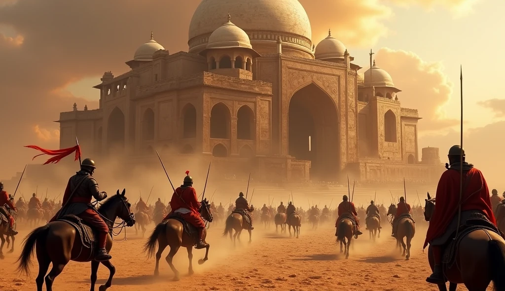 Aladdin Khilji's general Ulugh Khan leading an assault on Somnath Temple, soldiers clashing in front of the temple