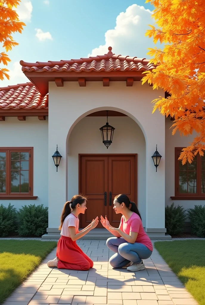 Picture the front of the new house,Mother and daughter knelt down to thank Zhang Fusheng。Use bright and cheerful colors to express joy and gratitude。