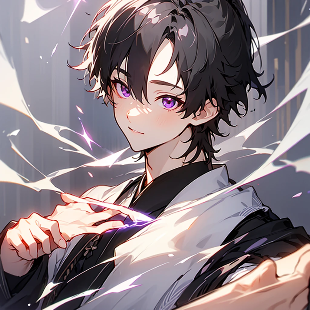 High-resolution model, Highest quality, Black Hair、ponytail, Robe、juvenile、Japanese clothing、Japanese pattern purple eyes, Center Parting、Sparkling eyes, boy、solo, 