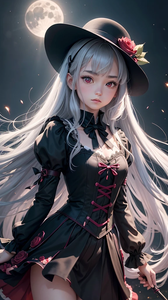 1 girl, expressionless, Japanese face, 16 years old, cute girl, have one's hair cut in a row and Hide your forehead with bangs and hairstyle with the bangs cut in half and Beautiful straight light gray long hair, beautiful red eyes, skinny body, Half vampire, No muscles, Roses and Camellia, Moonlight and Castle, wizard, Big magic wand, gothic skirt, magical girl, little Medieval Dress, Princess Dresses, Big black hat, light particles, light sparkles, lens flare, Light particles, Magic light, strong light