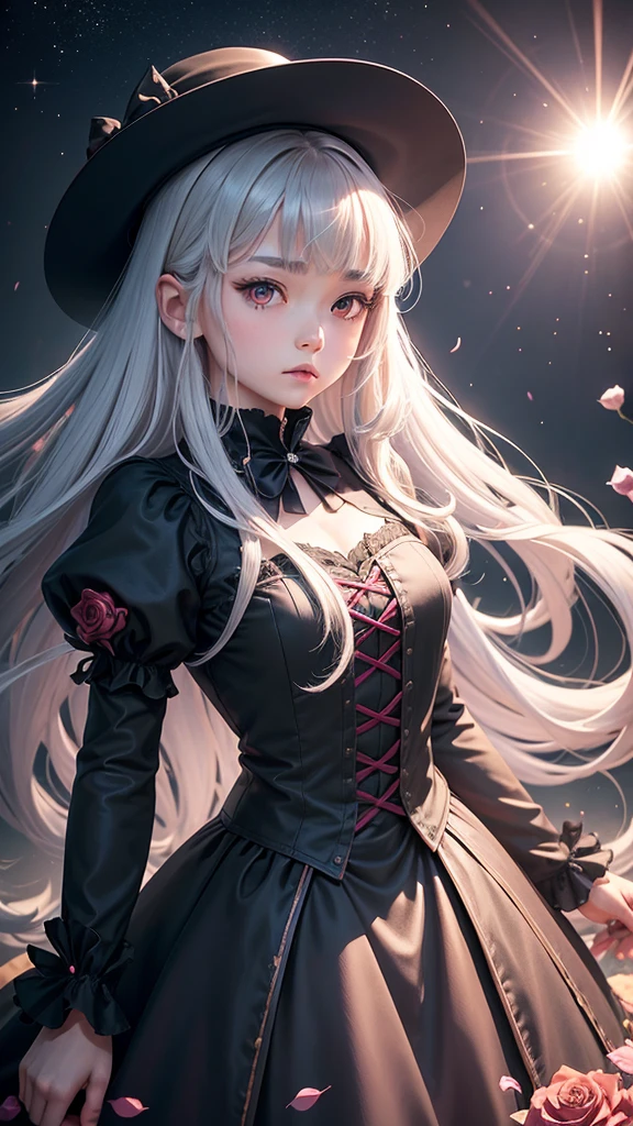 1 girl, expressionless, Japanese face, , cute girl, have one's hair cut in a row and Hide your forehead with bangs and hairstyle with the bangs cut in half and Beautiful straight light gray long hair, beautiful red eyes, skinny body, Half vampire, No muscles, Roses and Camellia, Moonlight and Castle, wizard, Big magic wand, gothic skirt, magical girl, little Medieval Dress, Princess Dresses, Big black hat, light particles, light sparkles, lens flare, Light particles, Magic light, strong light