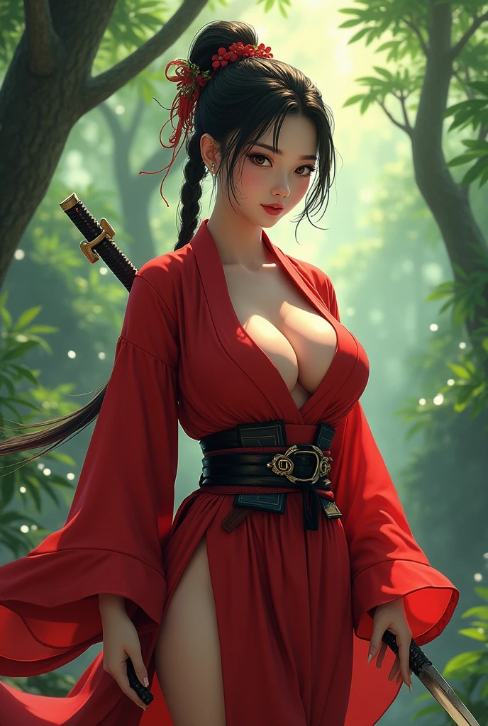 ninja girl,a realism image of a woman with big breast,a woman in a red kimono dress holding a sword in a forest, by Yang J, chengwei pan on artstation, 2. 5 d cgi anime fantasy artwork, 4k fantasy art, ross tran 8 k, fanart best artstation, alena aenami and artgerm, extremely detailed artgerm, digital fantasy art ), 8k fantasy art