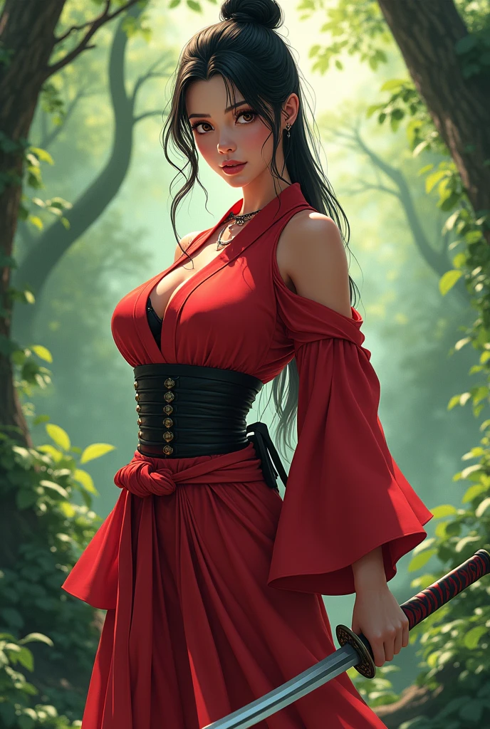 ninja girl,a realism image of a woman with big breast,a woman in a red kimono dress holding a sword in a forest, by Yang J, chengwei pan on artstation, 2. 5 d cgi anime fantasy artwork, 4k fantasy art, ross tran 8 k, fanart best artstation, alena aenami and artgerm, extremely detailed artgerm, digital fantasy art ), 8k fantasy art