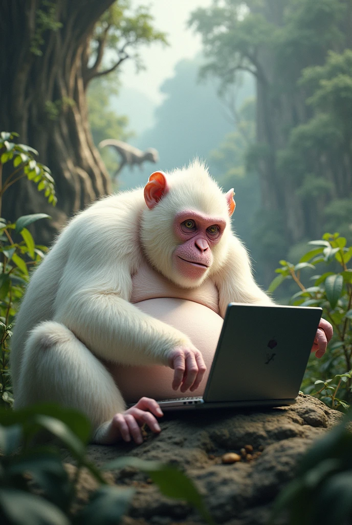 An obese albino monkey playing on a computer, in a prehistoric environment