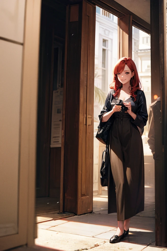 Photorealistic photo of a young redhead woman strolling through an old market in Thailand, A kind smile, art:midjorney, Luminism, The ultimate in complex shadow and light contrast, An award-winning IPA, Artistic Lens, Warm colors, art:Tim Burton