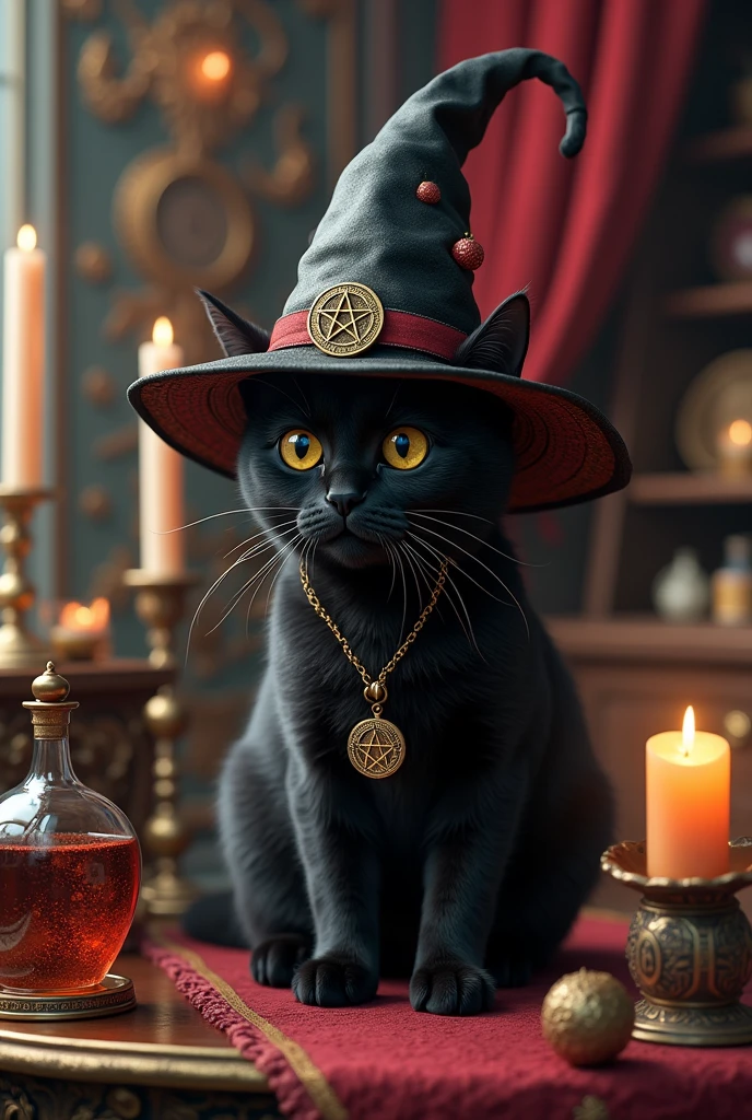 a cute black cat wearing witch'shat, surrounded by magical objects, witch hat, hat, no humans, cat, candle, animal, black cat, gem, animal focus, indoors, witch, black headwear, wiccan artifacts, ultra-realistic, hyper-detailed, 32k uhd,hyper-detailed,ultra-realistic, 8k,(Background is Luxury Witch Room and Magic Room) Necklace hexagram, Candles, magic bottle large and Magic small bottle,devil dark red eyes, A lot of items of magic and witchcraft, Fairies fling magic,Witches Hat wiccan symbols