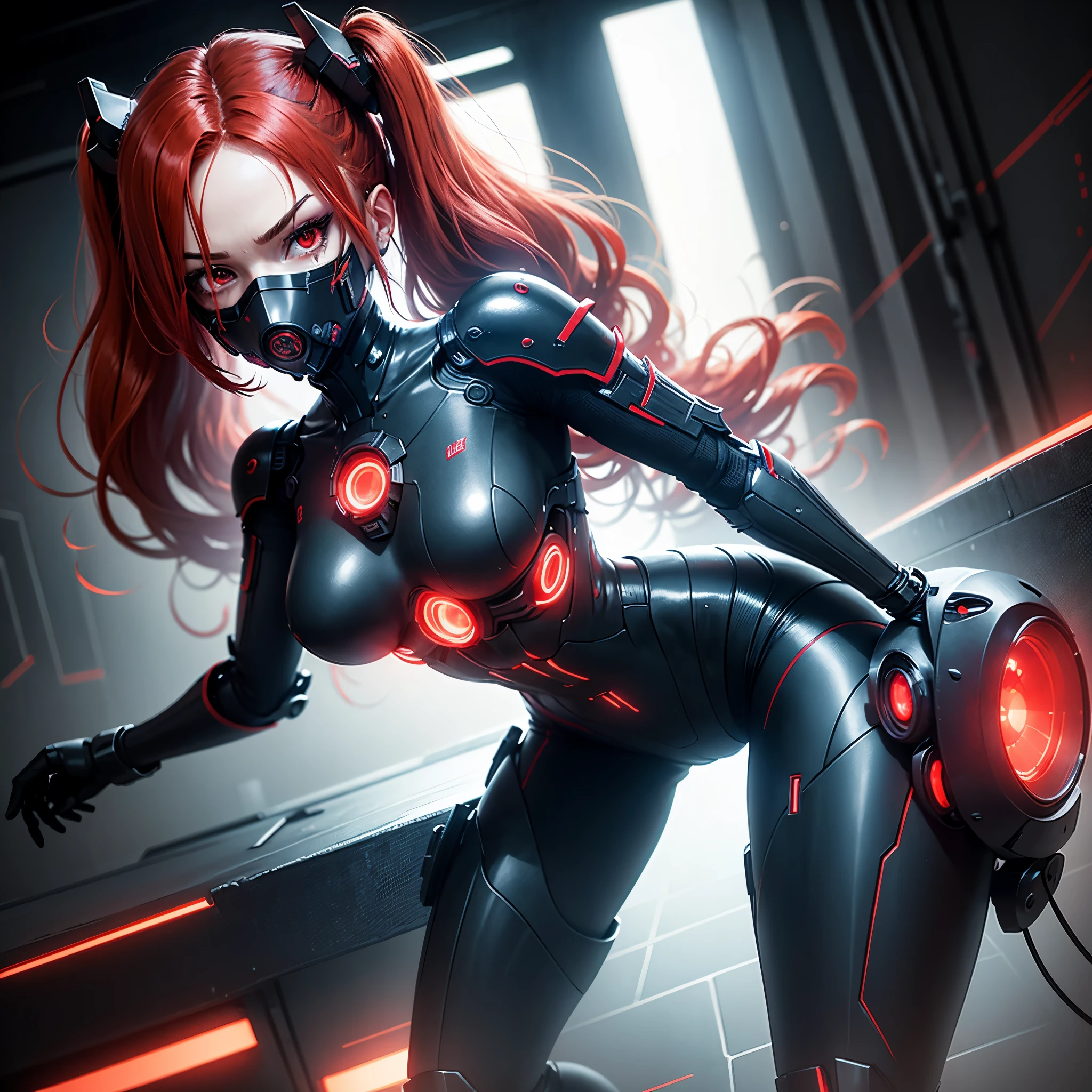 View from below, angle from below, flat horizon photo, Girl android , she has long red hair, she has a mask on her face, a respirator, a woman with sexy hips, half cyborg, nanotechnological modifications. Beautiful face, black metal cybernetic android robot body in black color, Large, wide hips, suit with red indicator lines with many red details, cybernetic armor with a red glow from under the joints and joints, she has blue eyes and stands tall , frame with a flat horizon, Anime Style Photography , Red Lasers, black background Cyberpunk style, the camera films Her from below, lower angle of photography, black background image of a night black city and red neon lights, red lamps, red lighting, red flashes in the background