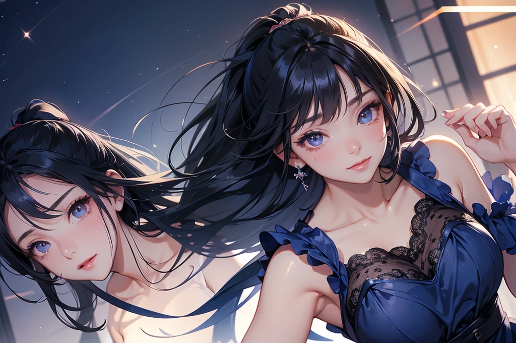 One beautiful girl、Dark blue negligee、Black Hair、High ponytail、Crying Mole、Gummy Smile、Fold your arms behind your head、Beautiful breasts、dusk、super high quality、Final Resolution、Best assembly、Correct body structure、High angle