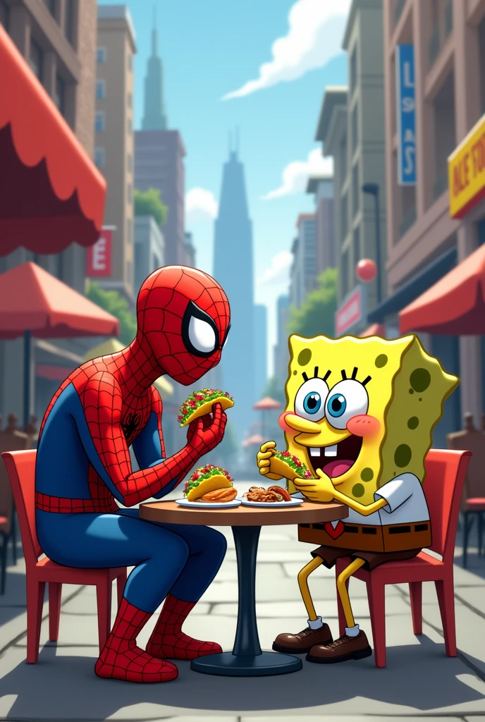 Spiderman eating tacos with Spongebob
