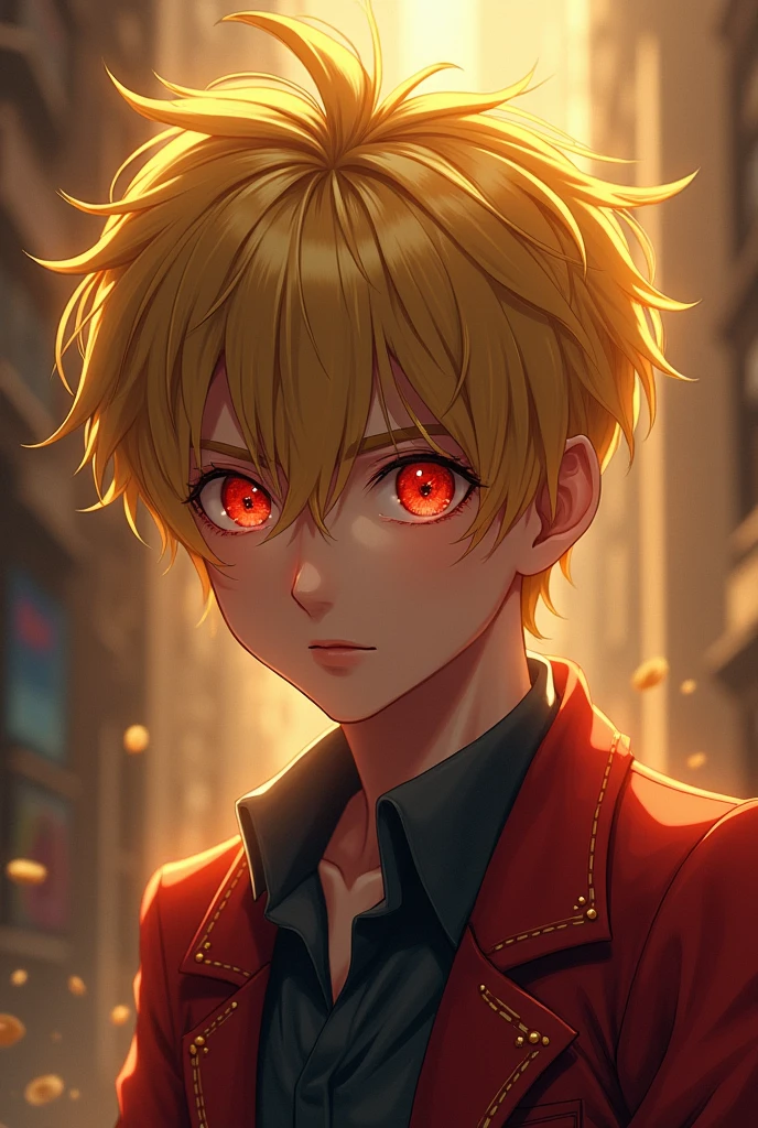 a 18ars boy , golden hair , coming towards us , red eyes and a arc symbol in his right eye
