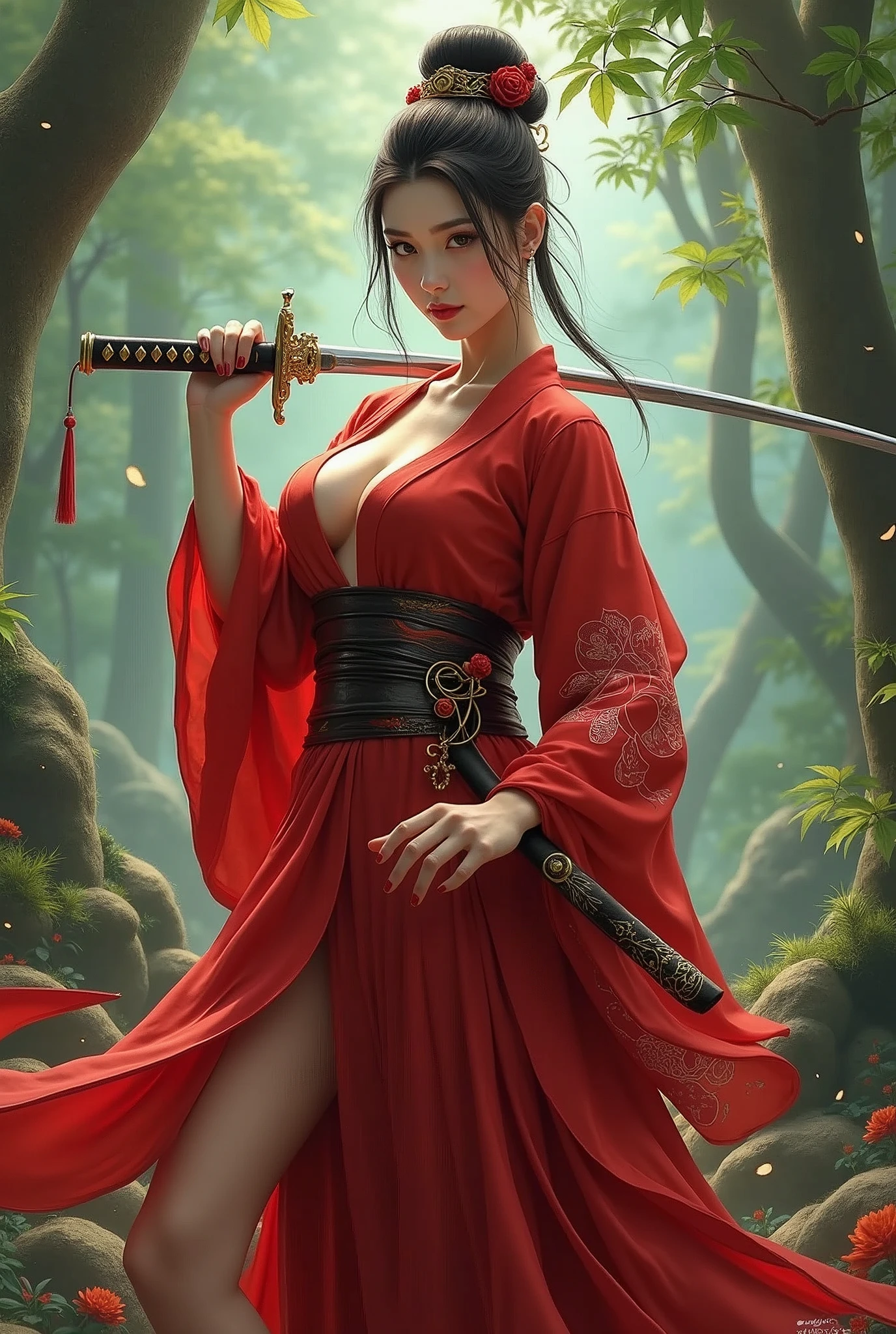 ninja girl,a realism image of a woman with big breast,a woman in a red kimono dress holding a sword in a forest, by Yang J, chengwei pan on artstation, 2. 5 d cgi anime fantasy artwork, 4k fantasy art, ross tran 8 k, fanart best artstation, alena aenami and artgerm, extremely detailed artgerm, digital fantasy art ), 8k fantasy art