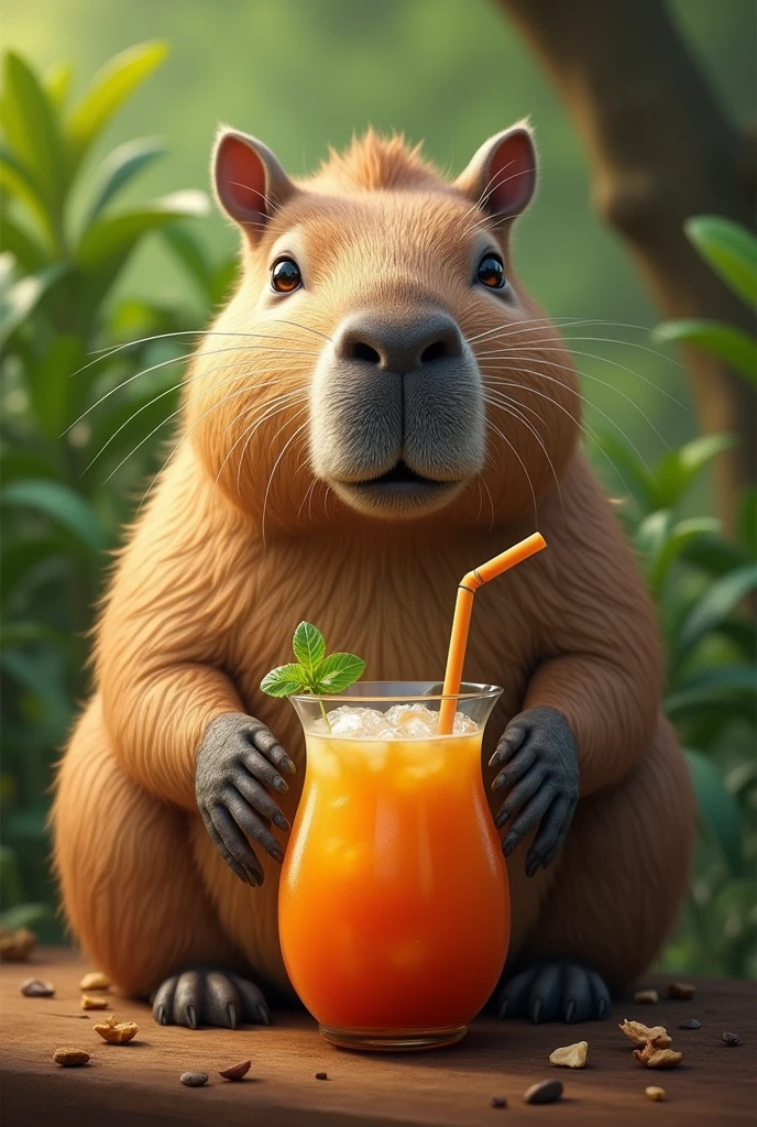 A capybara drinking a Paraguayan terere adding a straw to the guanpa