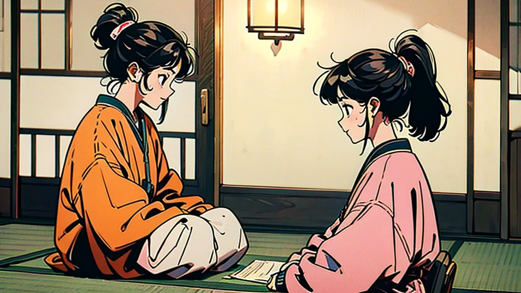A girl sitting at a traditional tatami room, ponytail hair, with paper lanterns and sliding doors, enjoying her music.