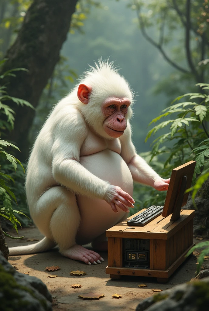 An obese albino monkey playing on a wooden computer, in a prehistoric environment 