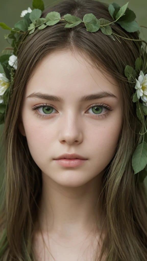 a girl. face sent feeling. Europe. Oval face. long face. delicate facial features. half-closed eyes. seductively seductive. green eyes. Red lips. long straight hair. green hair. wreath on head. shy. big body. big thighs. simple white dress.