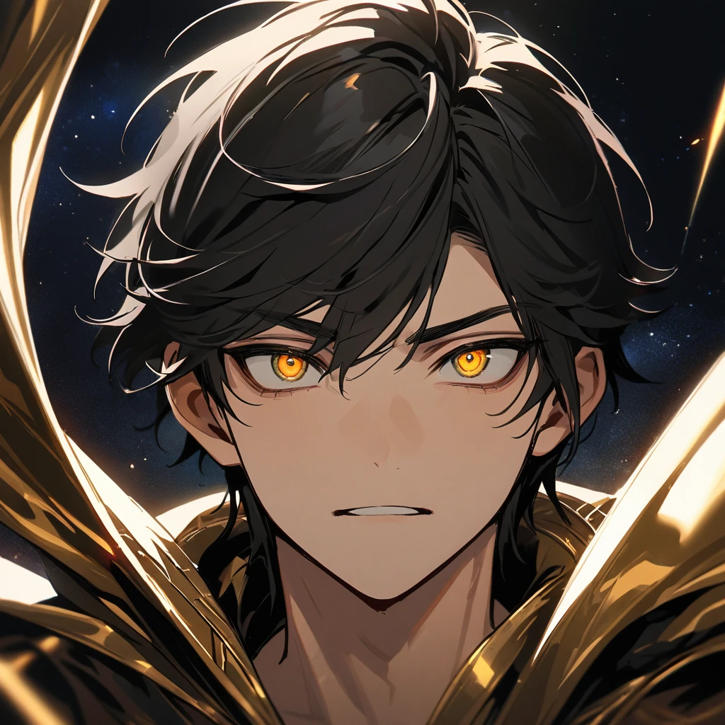 High quality, HD, 4k, no shadows, handsome male, 1male, 17 years old, teenager, short black hair, dark hair, black hair, sharp eyes, deep gold colored eyes, dark golden colored eyes, deep gold eyes, gold eyes, devil may cry, close up, calm expression, stoic expression, black leather clothes, white leather clothing, lean body, well trained body, upper body, looking at viewer, cowboy shot, white solar, space background