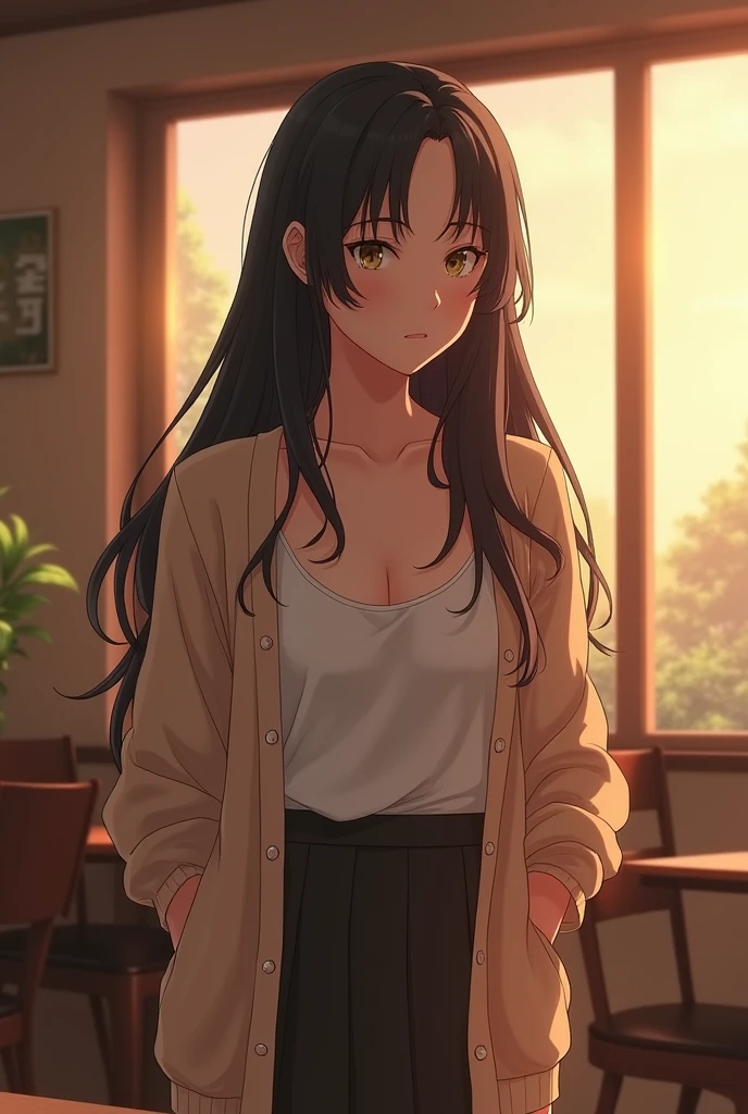 A beautiful Japanese woman in her early 20s with long hair、The cardigan is a little open、I&#39;m meeting you at the cafe.、Pulling out a chair to sit down、Real、

