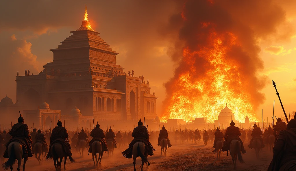 Mahamud of Ghazni attacking the Somnath Temple with his army, temple in flames, and chaos around.**
