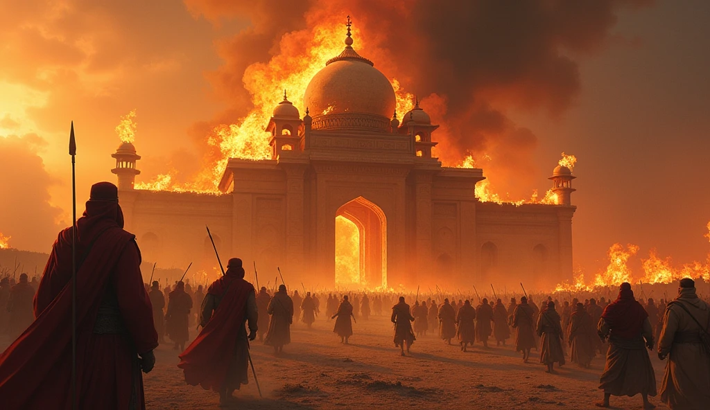 Mahamud of Ghazni attacking the Somnath Temple with his army, temple in flames, and chaos around.**