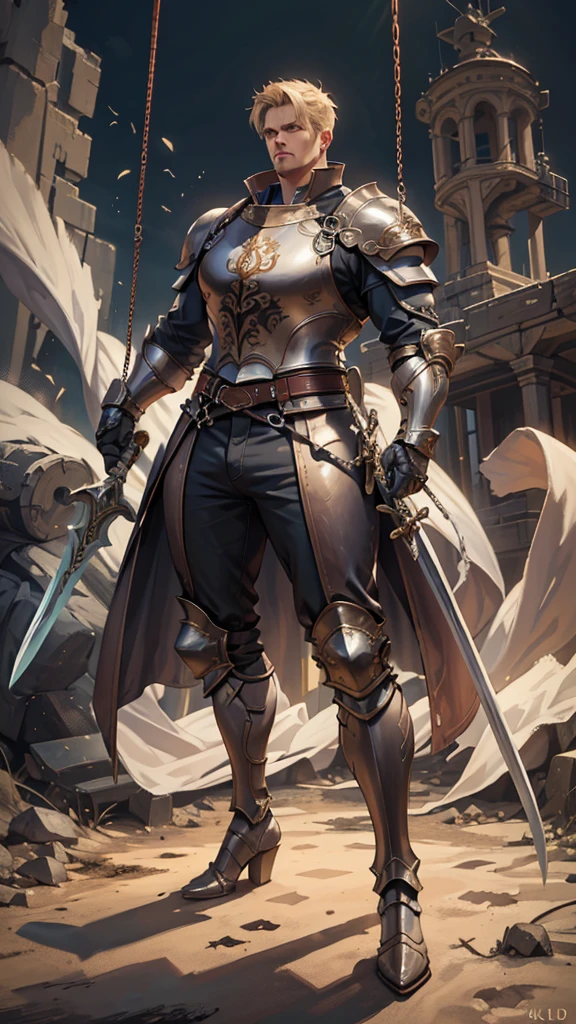 (masterpiece, 4K ,Super detailed:1.2), (anime:1), (Perfect quality), (((Adult body))), ((Swinging a big sword, Combat Ready)), The whole body is shown, Looking at the viewer, Big body, Gladiator、armor, Heavy equipment, A look of contempt, Big man, tall, Blonde
