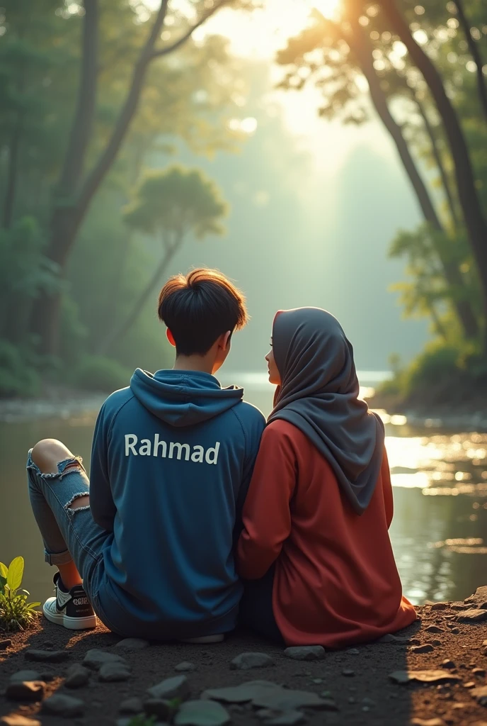 (photorealism:1.2),Indonesian male and female couple aged 25 years,Korean hairstyle men , ripped jeans, nike jordan shoes, wearing a blue hoodie with red gradient, inscribed "Rahmad",Indonesian Latin text, clear. And the woman wearing the hijab is a little fat 70 kg, wear spot shoes, sitting pose, romantic, look at the camera direction, river background, tropical forest, morning sunlight, good morning. Real details, hyper realistic, UHD, Photography, wide shot