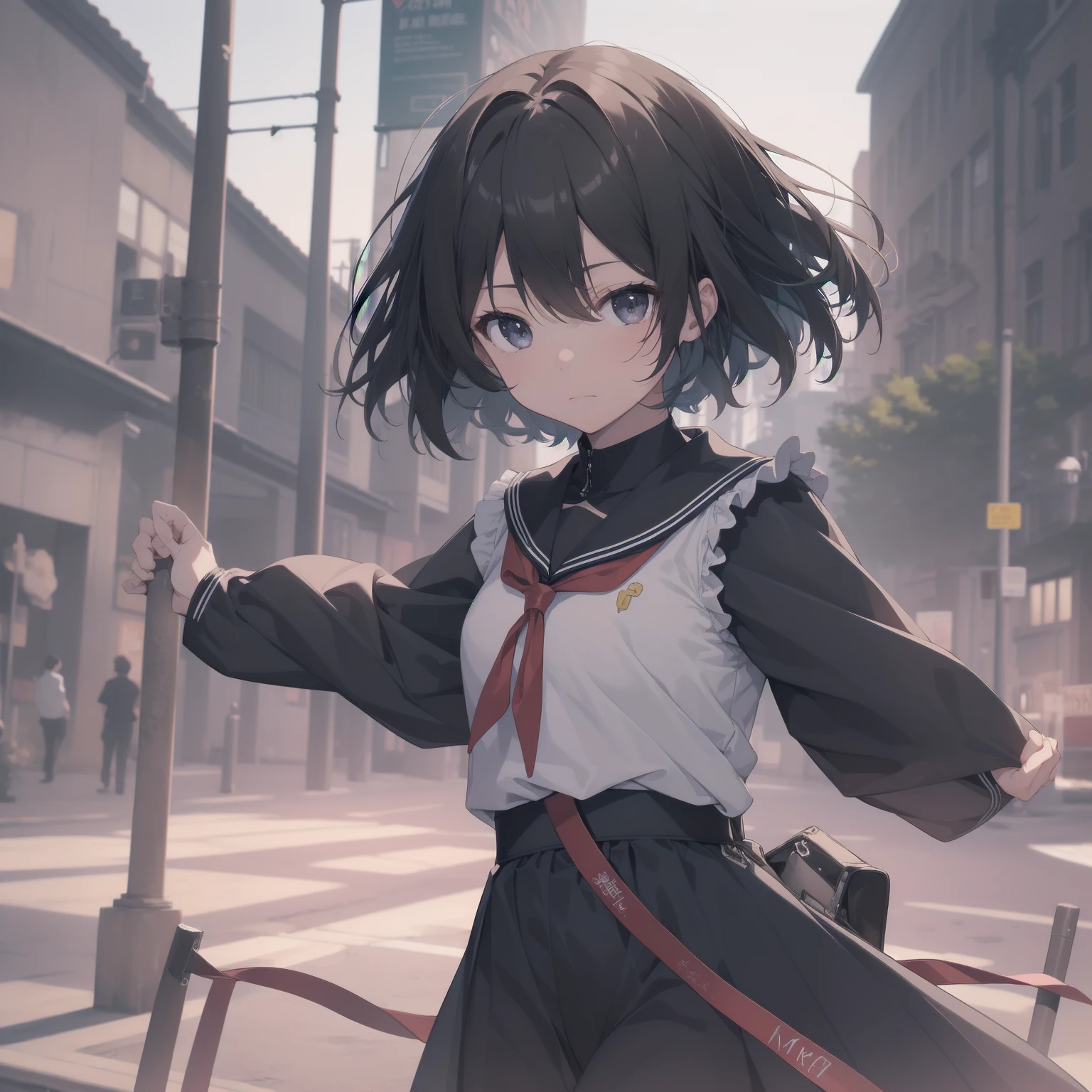 ultra-absurdres-Top quality by artist God, ultra-detailed, high resolution, anime moe artstyle, best anime 8k konachan wallpaper, pixiv contest winner, pool:2810, perfect anatomy,break, 1girl, (Please draw a girl walking sleepily to school alone. )break,(Solo,little female, 13-year-old:1.3),Full limbs, complete fingers,a junior high school student, (very short hair), short cut, flat chest, , small butt, small black eyes, beautiful detailed eyes, well-proportioned iris and pupils, expressive eyes, highres detailed hair, soft expression, salor school_uniform, sailor collar, serahuku, bow, pleated skirt,(Detailed Lighting), (Detailed background), in the School commute route. break,super detailed skin, Best cinematic lighting powered by famous artist, 8k,beauty illustration,photoshop_(medium),very aesthetic,break,((artist:yuureidoushi_(yuurei6214) )), artist:clamp ,artist:carnelian ,artist:kantoku ,