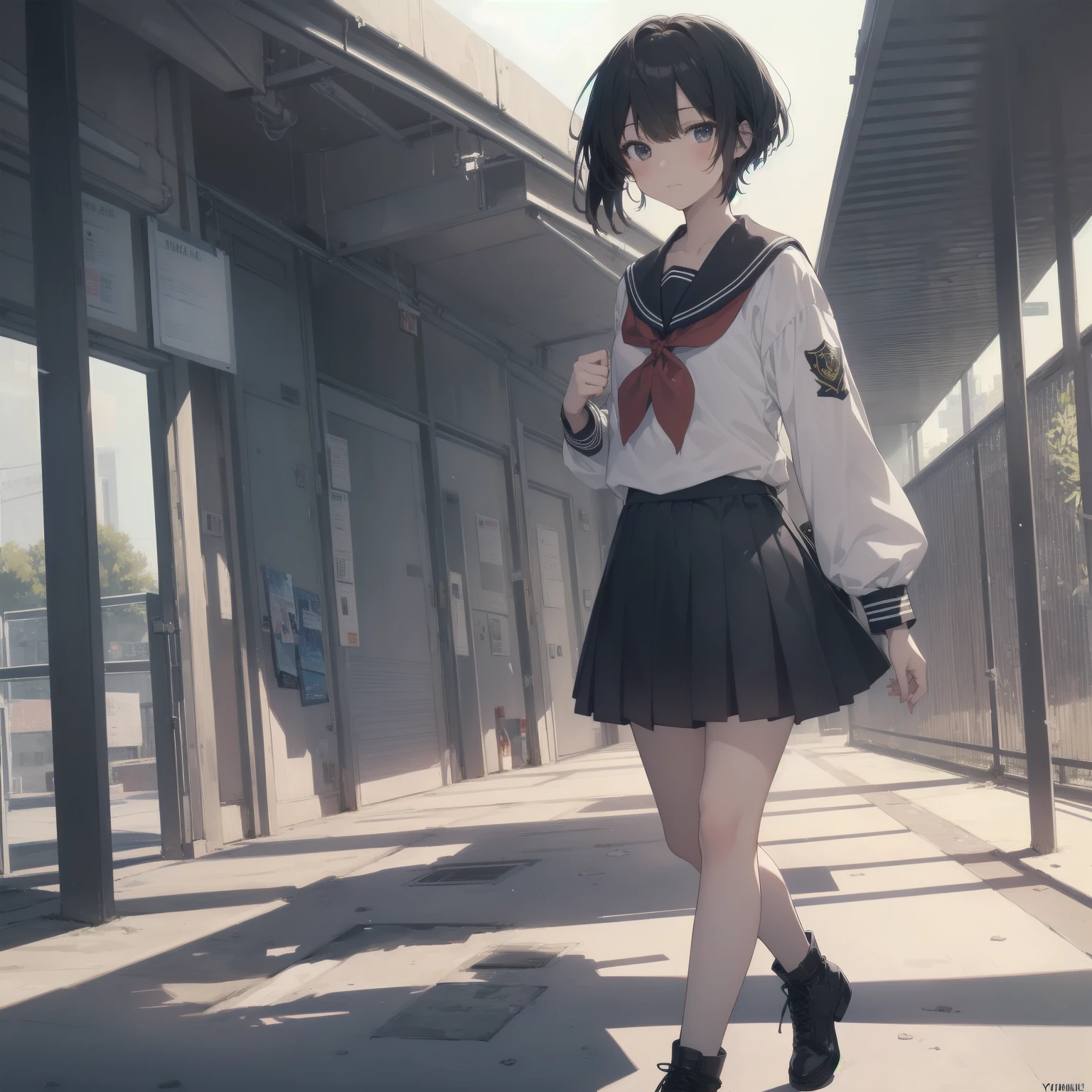 ultra-absurdres-Top quality by artist God, ultra-detailed, high resolution, anime moe artstyle, best anime 8k konachan wallpaper, pixiv contest winner, pool:2810, perfect ???????,break, 1girl, (Please draw a girl walking sleepily to school alone. )break,(Solo,little female, 13-year-old:1.3),Full limbs, complete fingers,a junior high school student, (very short hair), short cut, flat chest, , small butt, small black eyes, beautiful detailed eyes, well-proportioned iris and pupils, expressive eyes, highres detailed hair, soft expression, salor school_uniform, sailor collar, serahuku, bow, pleated skirt,(Detailed Lighting), (Detailed background), in the School commute route. break,super detailed skin, Best cinematic lighting powered by famous artist, 8k,beauty illustration,photoshop_(medium),very aesthetic,break,((artist:yuureidoushi_(yuurei6214) )), artist:clamp ,artist:carnelian ,artist:kantoku ,
