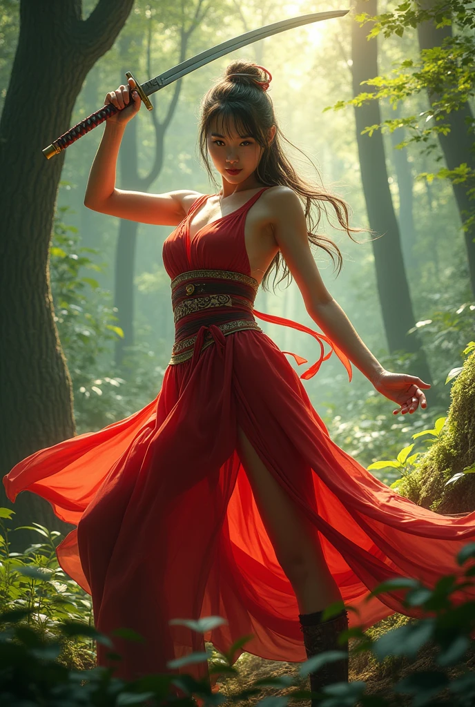 ninja girl,a realism image of a woman with big breast,a woman in a red kimono dress holding a sword in a forest, by Yang J, chengwei pan on artstation, 2. 5 d cgi  fantasy artwork, 4k fantasy art, ross tran 8 k, fanart best artstation, alena aenami and artgerm, extremely detailed artgerm, digital fantasy art ), 8k fantasy art