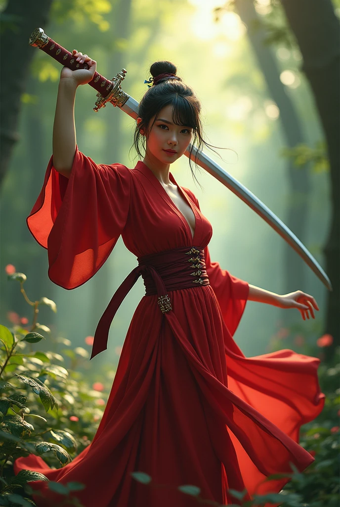 ninja girl,a realism image of a woman with big breast,a woman in a red kimono dress holding a sword in a forest, by Yang J, chengwei pan on artstation, 2. 5 d cgi fantasy artwork, 4k fantasy art, ross tran 8 k, fanart best artstation, alena aenami and artgerm, extremely detailed artgerm, digital fantasy art ), 8k fantasy art