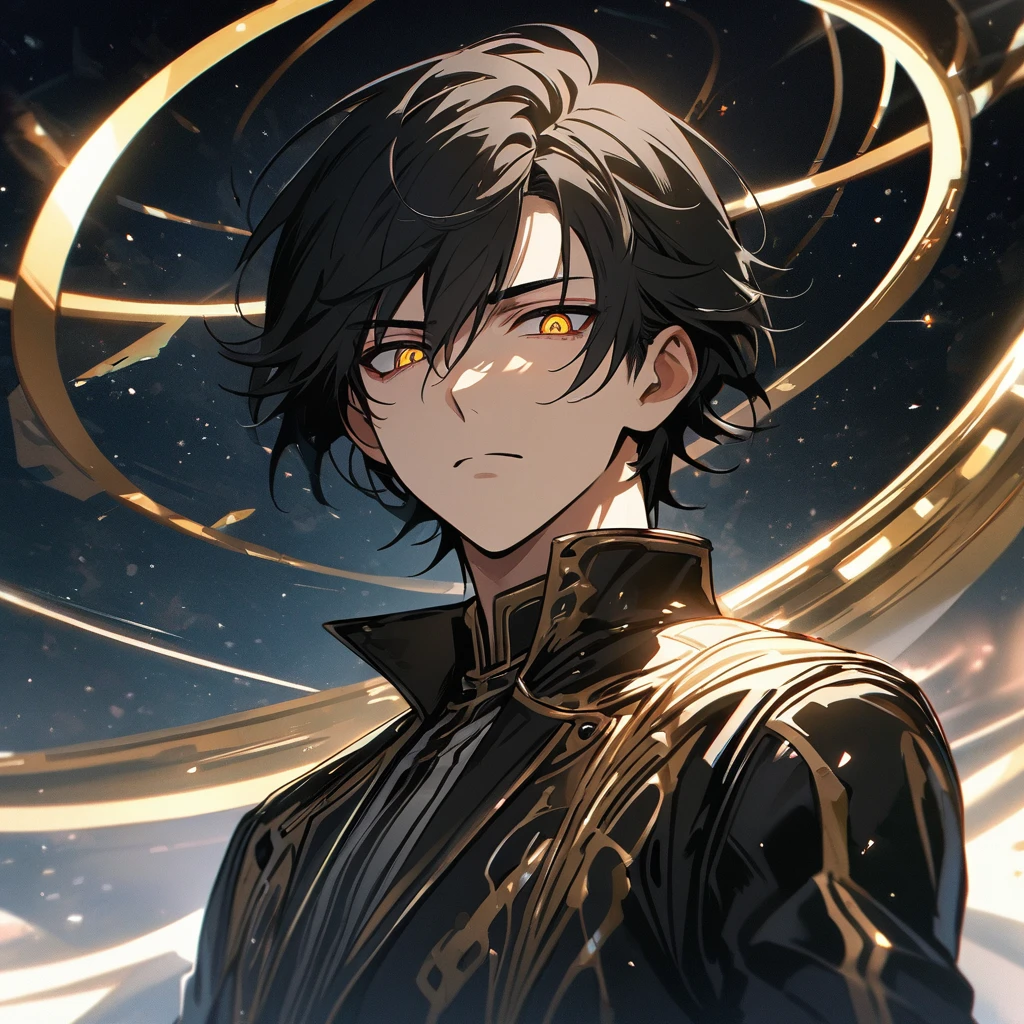 High quality, HD, 4k, no shadows, handsome male, 1male, 17 years old, teenager, short black hair, dark hair, black hair, sharp eyes, deep gold colored eyes, dark golden colored eyes, deep gold eyes, gold eyes, devil may cry, close up, calm expression, stoic expression, black leather clothes, white leather clothing, lean body, well trained body, upper body, looking at viewer, cowboy shot, white solar, space background