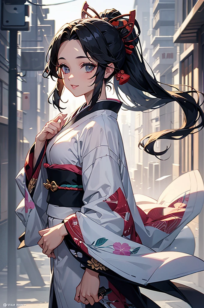 (((beautiful))), (((kimono))), ((Black Hair, parted bangs, forehead, Long Hair, ponytail, hair ornaments, slim)), One Woman, Glowing Skin, (((Intricate details))), High resolution, ((Intricate details, Ultra-detailed)), from front, cowboy shot, (looking at viewer, look at viewer), Red cheeks, smile, Walking down the street