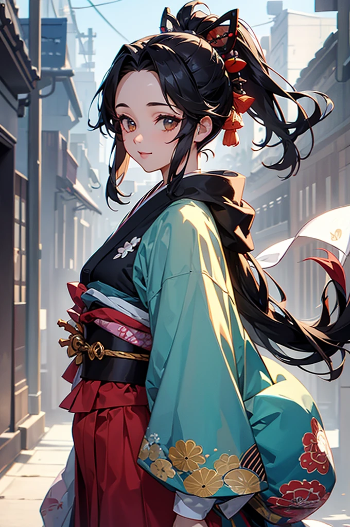 (((beautiful))), (((kimono))), ((Black Hair, parted bangs, forehead, Long Hair, ponytail, hair ornaments, slim)), One Woman, Glowing Skin, (((Intricate details))), High resolution, ((Intricate details, Ultra-detailed)), from front, cowboy shot, (looking at viewer, look at viewer), Red cheeks, smile, Walking down the street