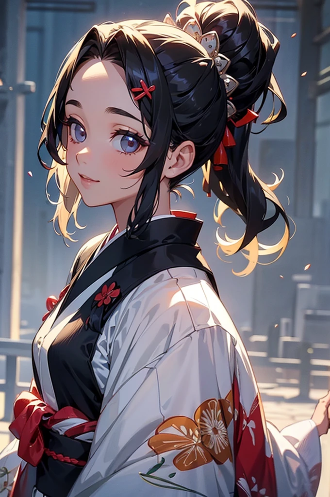 (((beautiful))), (((kimono))), ((Black Hair, parted bangs, forehead, Long Hair, ponytail, hair ornaments, slim)), One Woman, Glowing Skin, (((Intricate details))), High resolution, ((Intricate details, Ultra-detailed)), from front, cowboy shot, (looking at viewer, look at viewer), Red cheeks, smile, Walking down the street