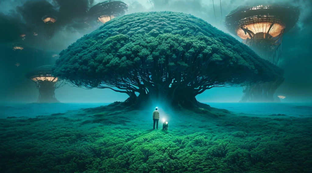 Photorealistic drone photo of a mountain slope covered in dense vegetation with a mist of humidity. In the center of the picture is a man with a faithful dog and a drone explorer. They set foot on a lonely unknown planet, A certain visible and invisible oceans stretched before the eyes of the astronaut, boasting a variety of shades from turquoise to deep blue. Islands, covered with strange and magical trees, shone on the surface of the water, Like little gems. Kodak ektar film, 35mm photography, professional lighting, deep aesthetic, microscopic details, contemporary art, dreamlike surrealism, The scene is epic and mysterious, reminiscent of the X-Files, dreamy, ethereal, ultra-detailed, Strong contrast, Good depth of field, 8K wallpaper, Masterpiece, Aesthetic illustration in realistic style, Dark Clouds almost completely covered the sky, the air is very humid, urgently outside, In the background, huge, incomprehensible but interesting and exciting jellyfish-shaped capsules grow from the ground into the sky, alien structures look like jellyfish in the background,