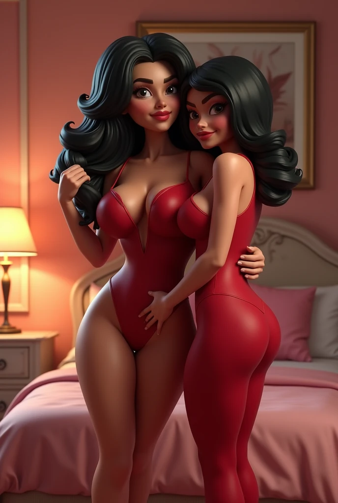 3D cartoon Futa Mother Miranda with big breasts with large futa dick aggressively fucking Alcina Dimitrescu, huge ass in a tight long dress, in a highly detailed bed room, ultra realistic, extremely detailed, cartoon lighting, sex pose, high quality, ultra 3D cartoon