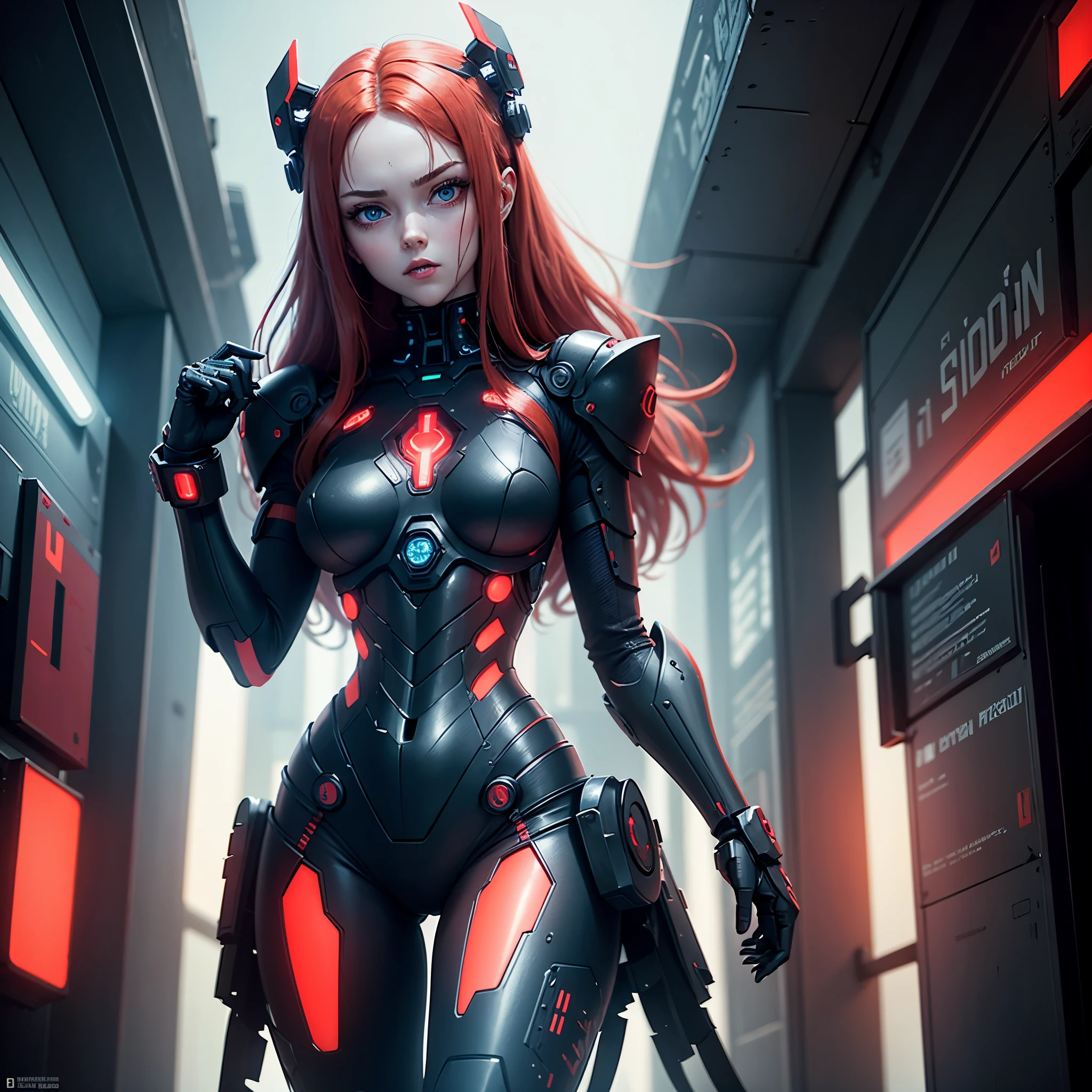 View from below, angle from below, flat horizon photo, Girl android , she has long red hair, she has a mask on her face, a respirator, a woman with sexy hips, half cyborg, nanotechnological modifications. Beautiful face, black metal cybernetic android robot body in black color, with red lines of indicators and diodes with many red parts, cybernetic armor with a red glow from under the joints and joints, she has blue eyes and stands tall , frame with a flat horizon, Anime Style Photography , Red Lasers, black background Cyberpunk style, the camera films Her from below, lower angle of photography, black background image of a night black city and red neon lights, red lamps, red lighting, red flashes in the background