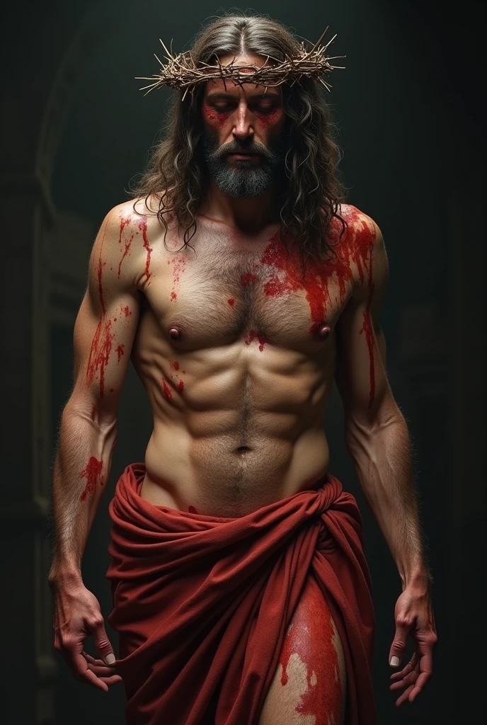 (work of art)(super verbose)(4k supreme image quality)(ultra realisitic)(fot)
"prompt": "A highly realistic and emotionally evocative depiction of Jesus Christ during the Passion, shortly before the crucifixion. He is standing, but with difficulty, after having endured severe scourge. Your body is wounded, with deep and visible wounds from the lashes on his back, arms and legs. Your face is marked by sweat, blood and a deep expression of pain and sadness. Their eyes, although full of agony, convey a feeling of compassion and love. The crown of thorns rests heavily on his head, with thorns piercing your skin, making the blood run down the forehead. The background is dark and gloomy, emphasizing the gravity of the moment. The general atmosphere is one of immense suffering, but also of divine strength and endurance."
}