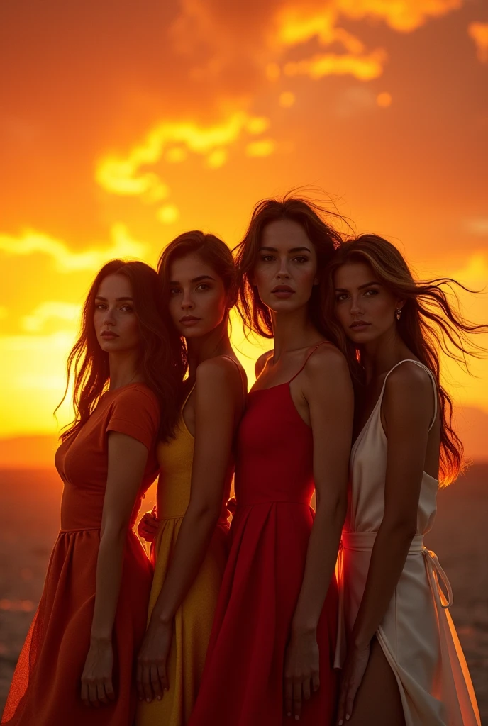 Intense sunset, (Jessica chastain:0.8), (Megan Fox:0.8), Jennifer Connelly:0.8), (Sofia Vergara:0.8), white background, model photoshoot 