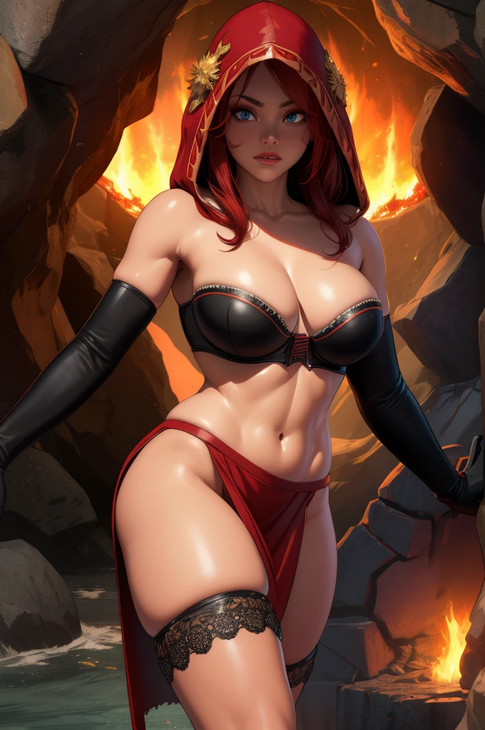 Dsorceress, redhair, shadowy face,dark cave, fire, hood, shadowed cute face, mini skimpy strapless bra, slim and athletic body, skinny thighs, skimpy slit miniskirt, no underwear, no panty, elbow gloves, dark skin, 1 girl (insanely detailed, masterpiece, best quality)