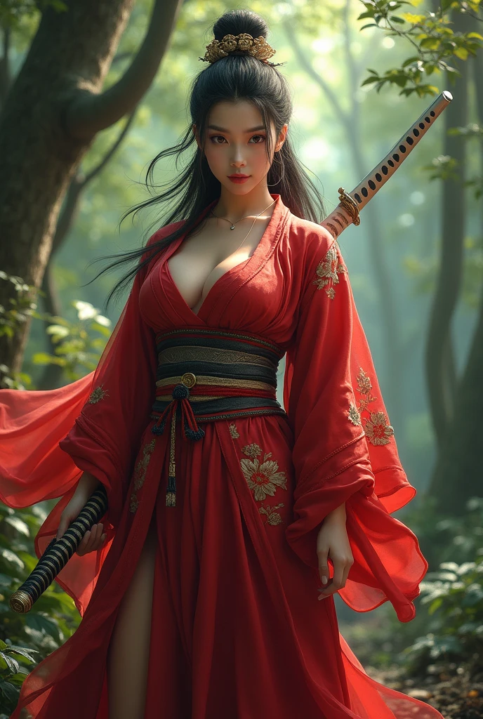 samurai girl,a realism image of a woman with big breast,a woman in a red kimono dress holding a sword in a forest, by Yang J, chengwei pan on artstation, 2. 5 d cgi fantasy artwork, 4k fantasy art, ross tran 8 k, fanart best artstation, alena aenami and artgerm, extremely detailed artgerm, digital fantasy art ), 8k fantasy art