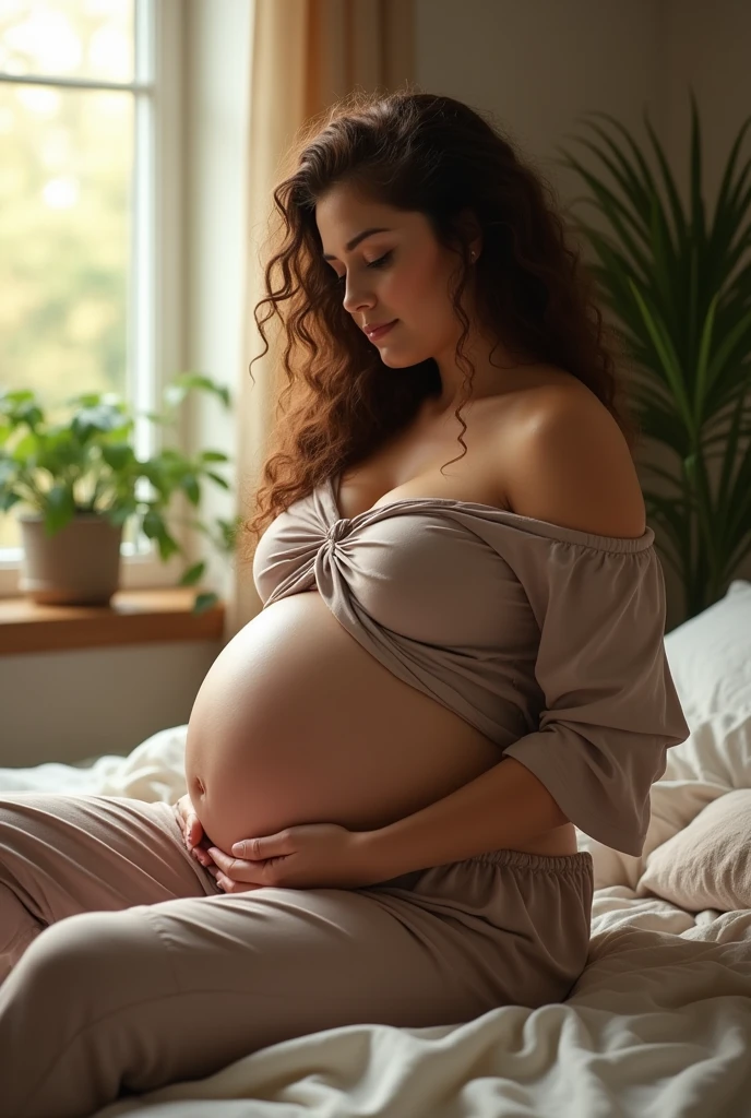 (photorealism:1.2), beautiful woman, sitting on bed, wearing loose off-shoulder top, pajama pants, long curly hair, indoors, soft lighting, plants in background, window with sunlight, cozy room, relaxed pose, realistic, intricate details, warm colors, by Greg Rutkowski, by Alphonse Mucha, extremely pregnant, overly large pregnant belly, bulging pregnant belly, sagging pregnant belly, huge bulging , enormous smooth pregnant belly